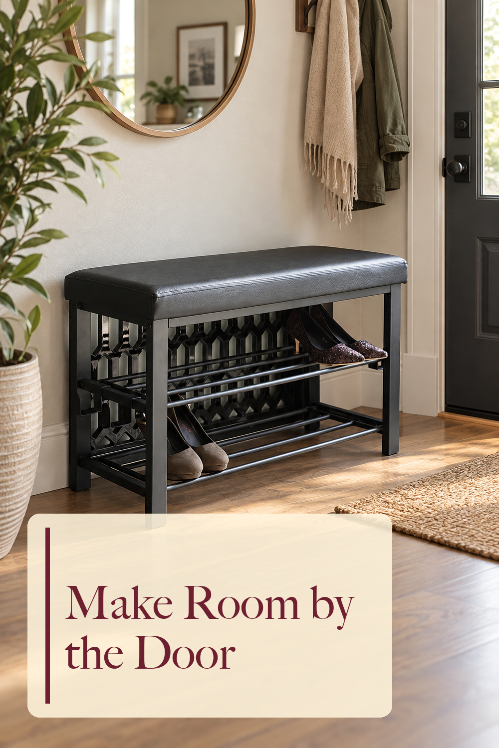 Finnhomy Entryway Shoe Rack with Cushioned Seat, Shoe Bench for Entry, 2 Shelves Storage Bench w/Faux Leather Top Bed Bench, Black; styling inspiration