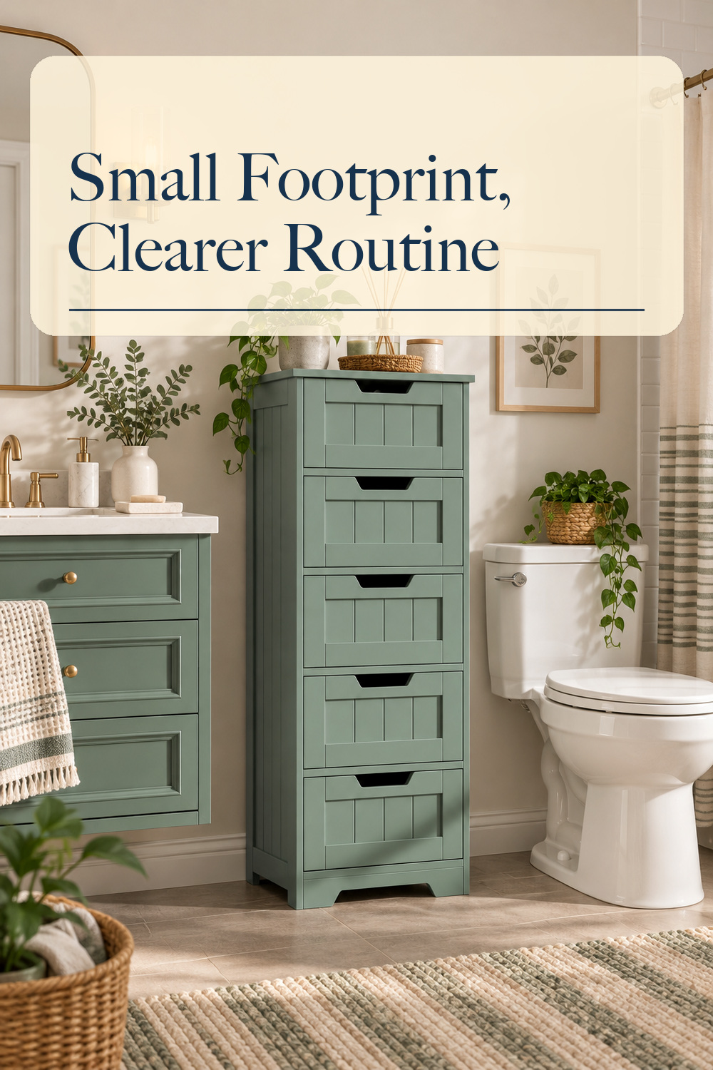FOTOSOK Bathroom Cabinet, Bathroom Storage Cabinet with 5 Drawers, Green; styling inspiration