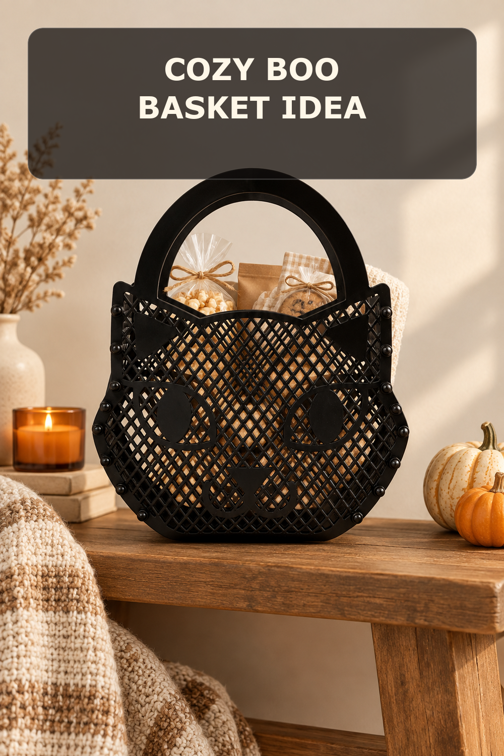 Black cat-shaped gift basket; styling inspiration
