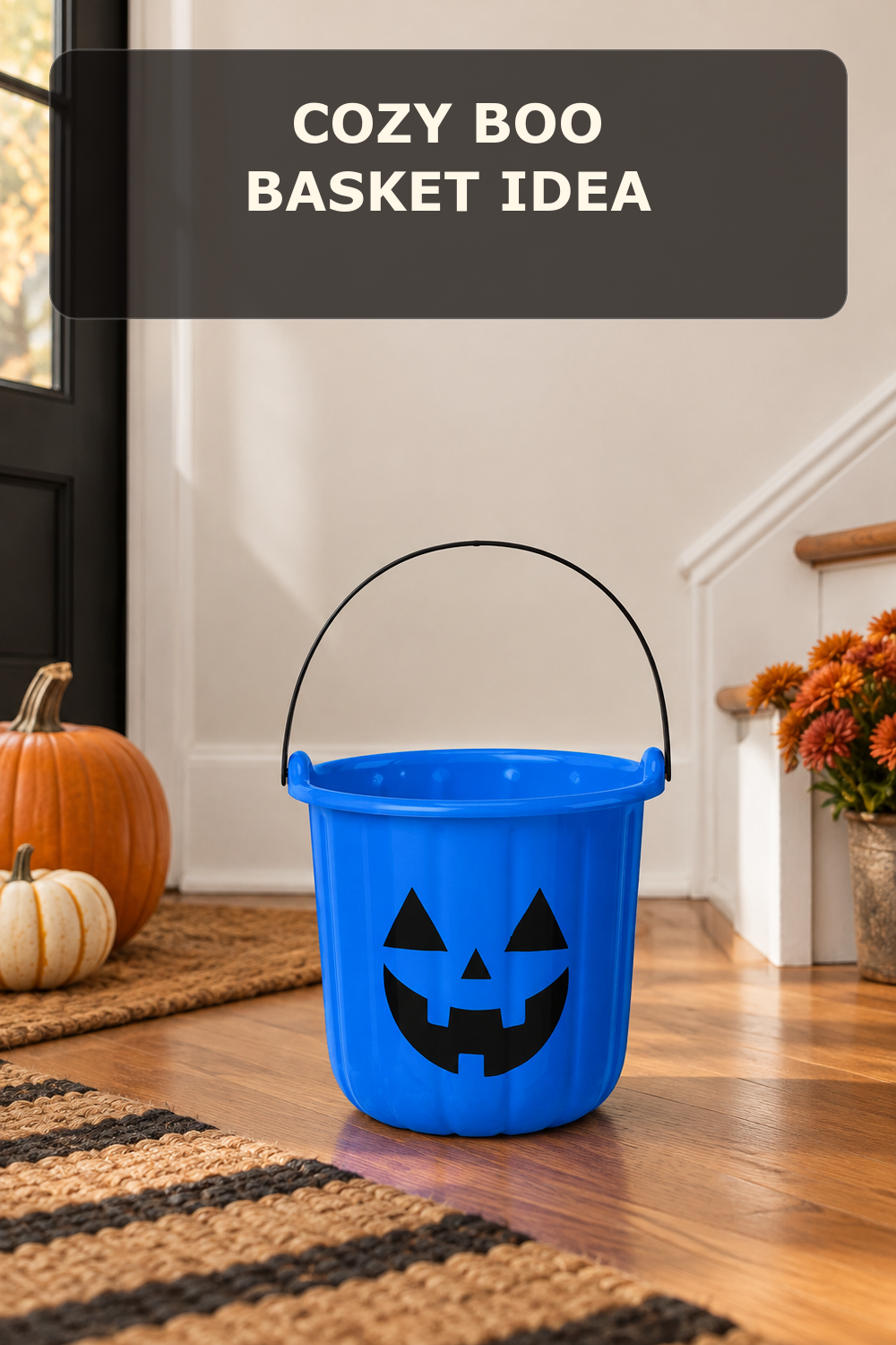 Blue trick-or-treat pail; styling inspiration