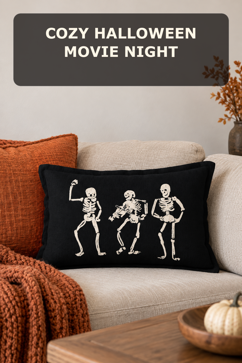 Dancing skeleton lumbar pillow; styling inspiration