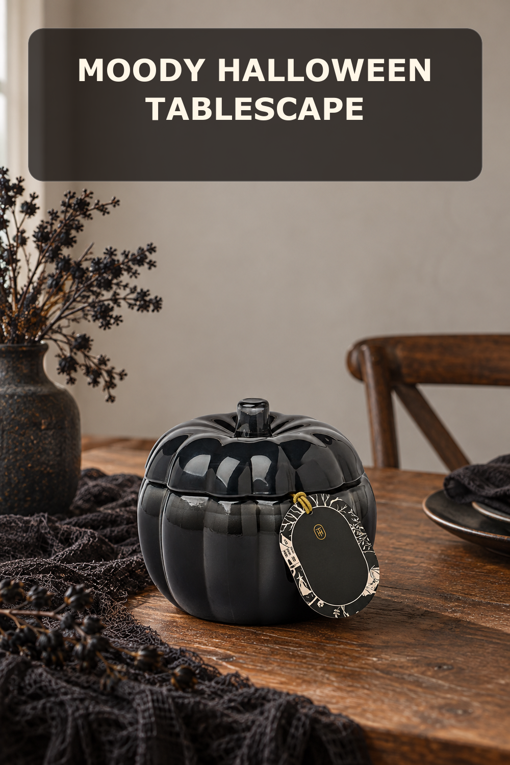 Medium black glass pumpkin candle; styling inspiration