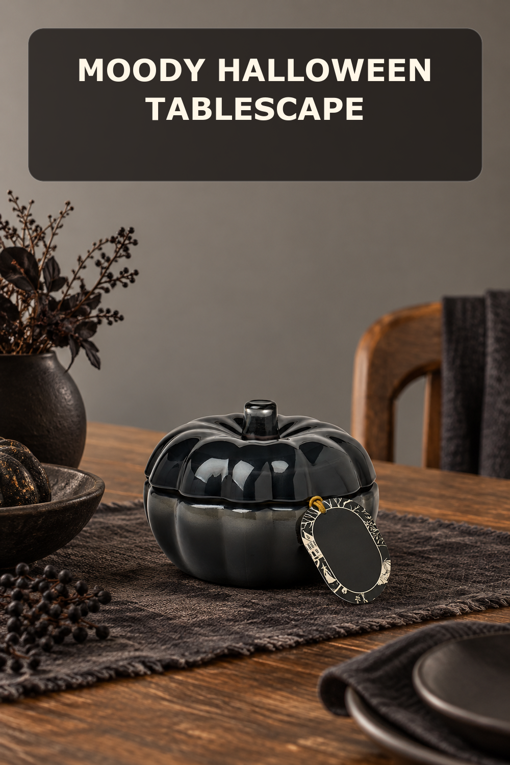 Small black glass pumpkin candle; styling inspiration