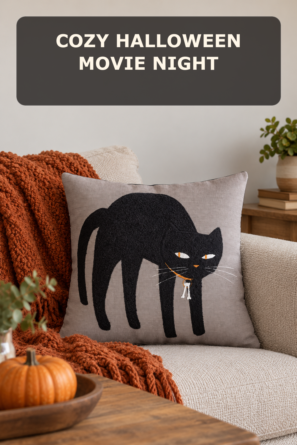 Black cat square pillow; styling inspiration