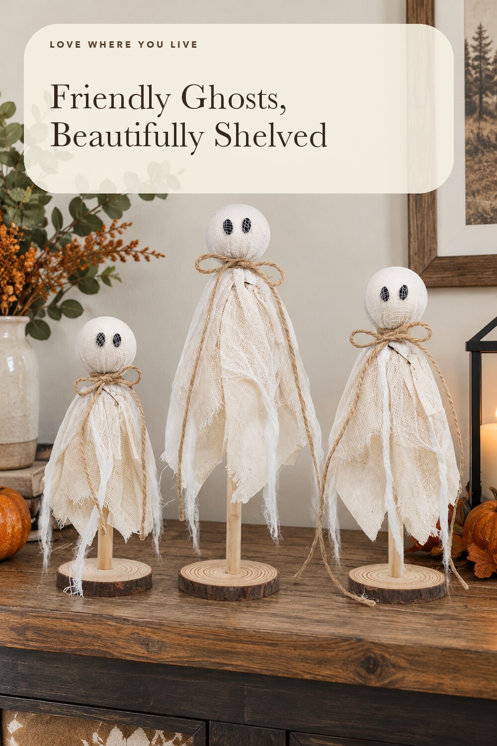Wooden Ghost Halloween Decorations Indoor– Set of 3 Sizes Rustic Shelf Sitters with Fabric Ghost Figures – Halloween Table Decor for Tiered Tray, Mantel, Halloween Party Supplies（White）; styling inspiration