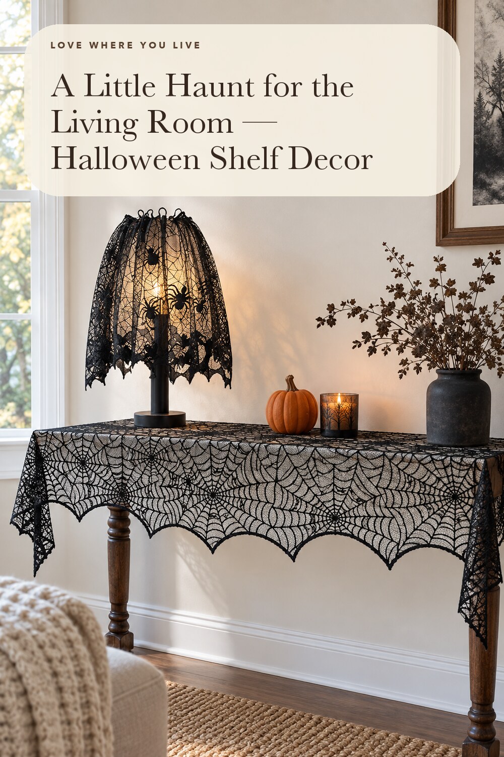 5Pack Halloween Spiderweb Tablecloth Runner Fireplace Scarf Lampshade Bats; styling inspiration