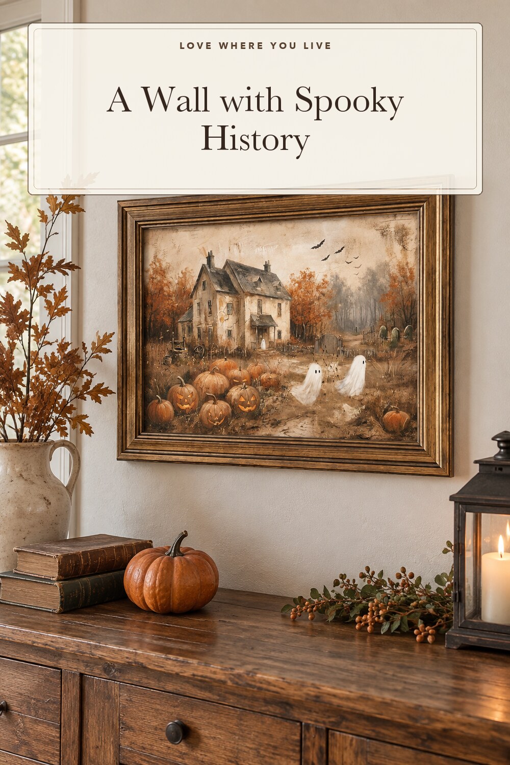 Wemandh Vintage Halloween Wall Art, Gold Framed Rustic Ghost and Pumpkin Decor, Spooky Haunted House Picture for Gothic Room, Farmhouse Fall Autumn Canvas Print Artwork (9.5'' x 12''); styling inspiration