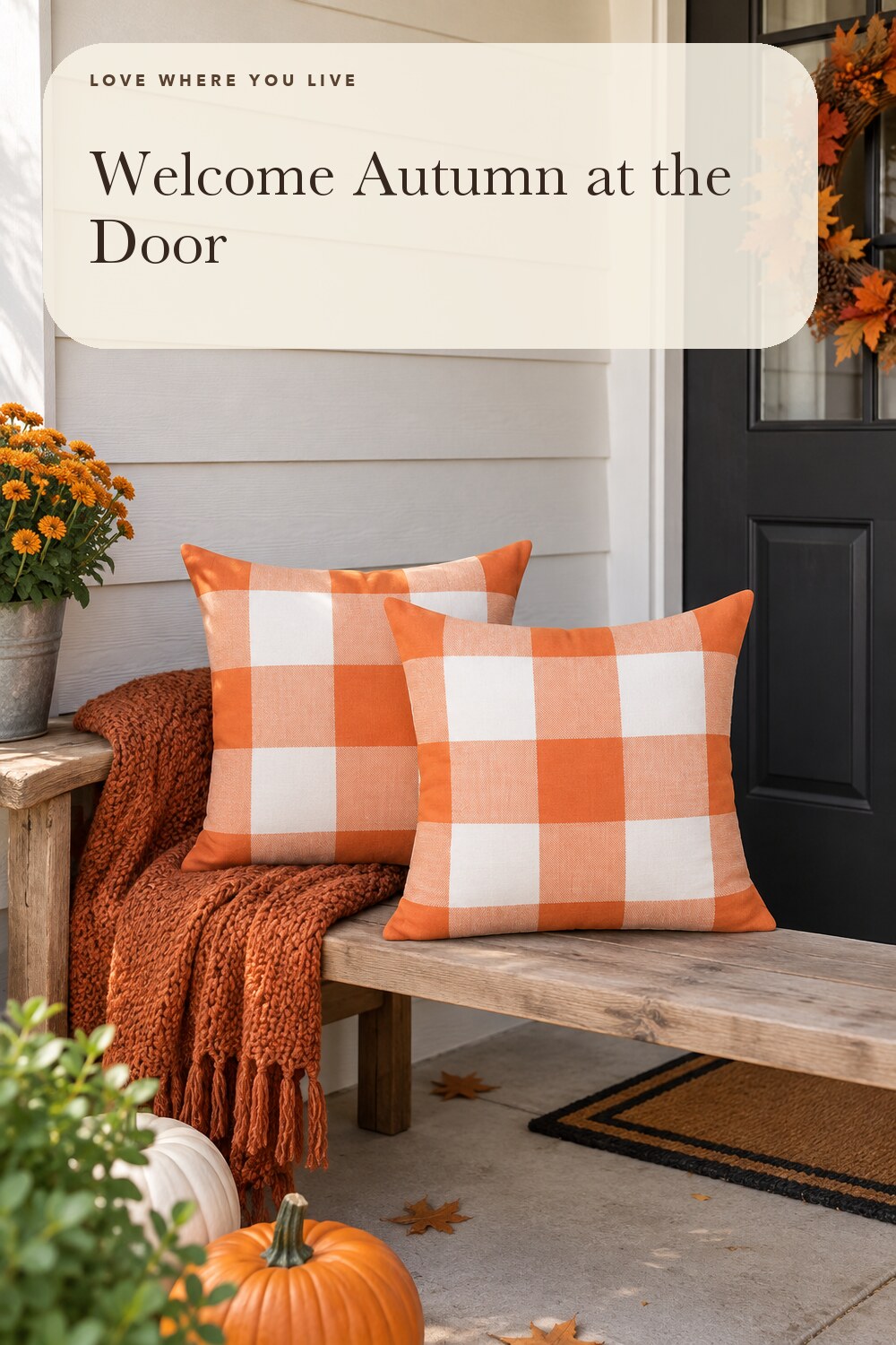 VAKADO Fall Outdoor Orange Throw Pillow Covers 18x18 Set of 2 Buffalo Plaid; styling inspiration