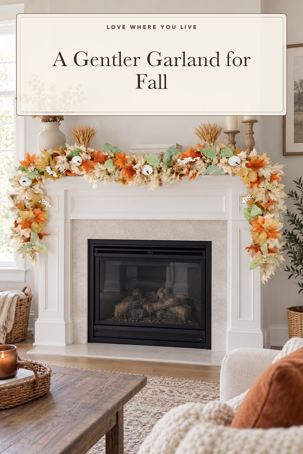Neutral Fall Garland for Mantle Fireplace - 2 Pack 6Ft Outdoor Autumn Leaves Decor for Home Front Door with Pumpkins Indoor Maple for Farmhouse Table Stairs Porch Halloween Thanksgiving Decorations; styling inspiration