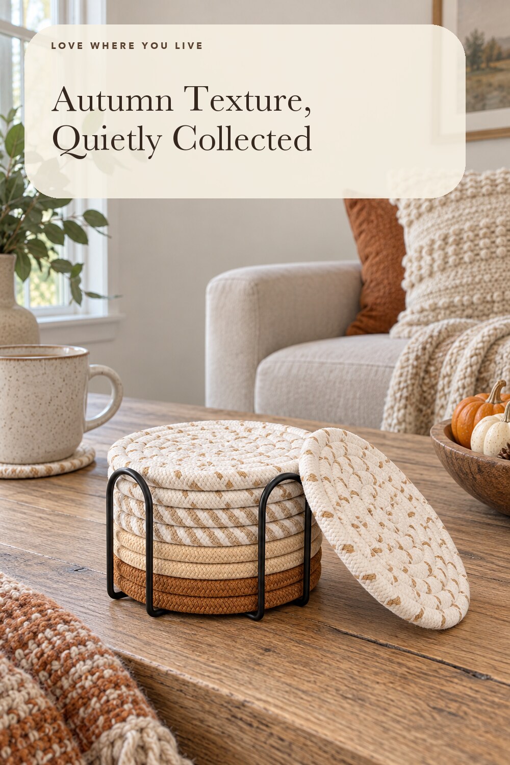 Mckanti Drink Coasters Set of 8, 4 Colors Absorbent Coasters for Drinks, Minimalist Cotton Woven Coaster for Living Room Decor, Fall Home Decor, 4.3 Inches; styling inspiration