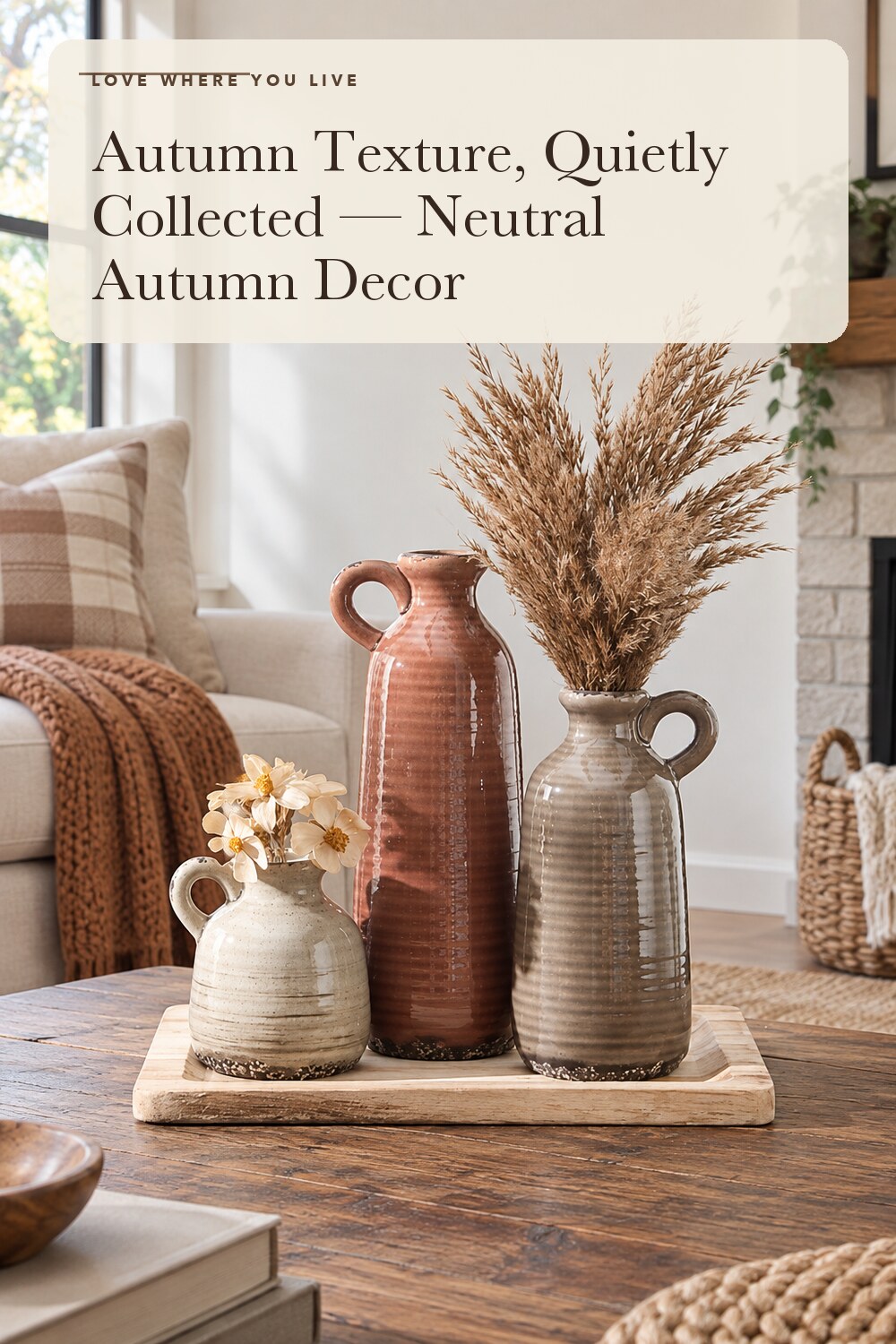Ceramic Vases Set of 3, Neutral Rustic Farmhouse Vase with Handle, Decorative Flower Vases Home Decor Modern Boho Pampass Vase for Table Mantel Entryway Shelf Living Room Kitchen Bathroom - Brown; styling inspiration