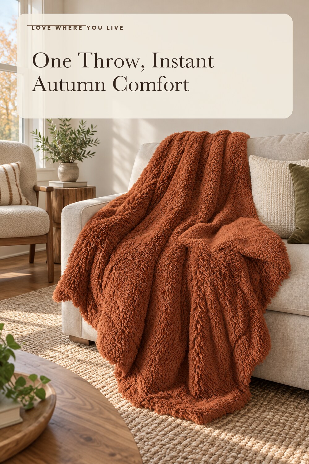 Bedsure Faux Fur Fluffy Sherpa Blanket Couch Throw Burnt Orange 50"x60"; styling inspiration