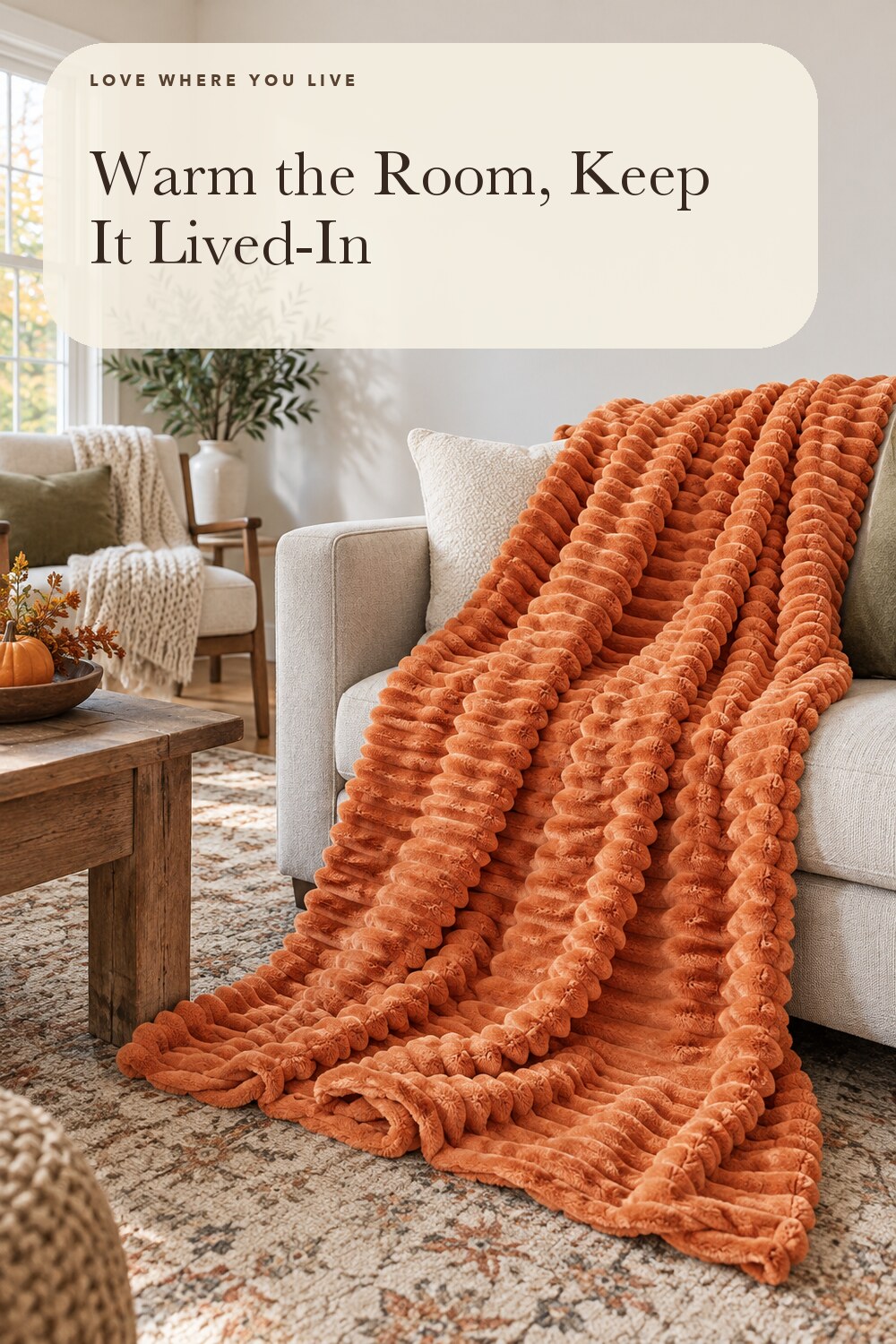 BEDELITE 3D Ribbed Burt Orange Fall Throw Blanket for Couch, 50x60 Inch; styling inspiration
