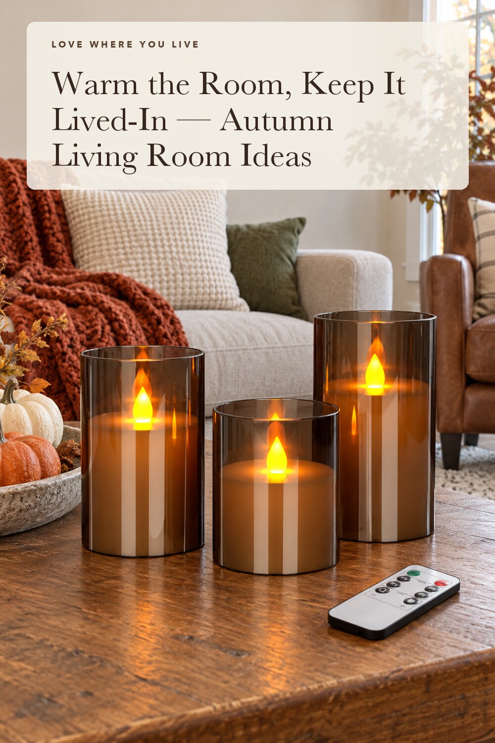 wemarry Flameless Candles 4" 5" 6" Acrylic Glass Pillars 3" Diameter Battery Operated Flickering Candles Include 8-Key Remote with Timer Function 400+ Hours (Gray, Warm Light 3 Pack); styling inspiration