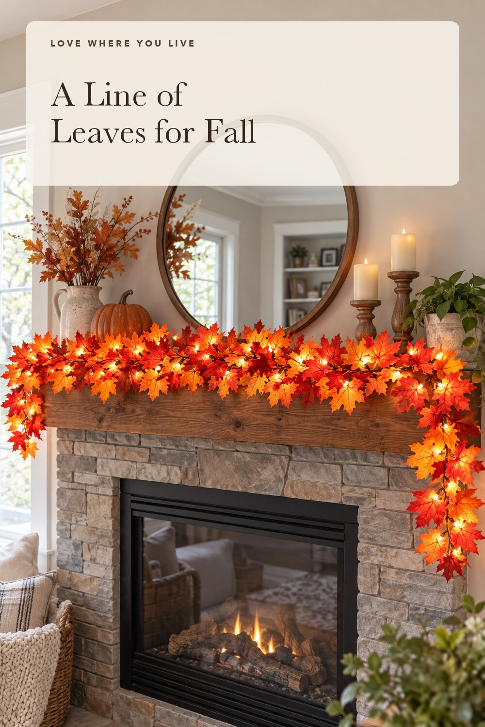 Fall Decorations Lighted Fall Garland, 9FT 50 Count Incandescent Lights Brown Wire UL Certified Connectable Maple Leaves String Lights for Home Party Fireplace Mantle Thanksgiving Decor (Orange, 9FT); styling inspiration
