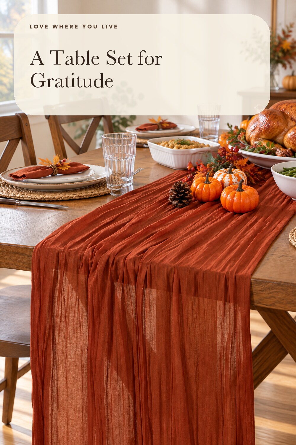 Fall Table Runner Terracotta Cheesecloth Boho Wedding Thanksgiving Decor; styling inspiration