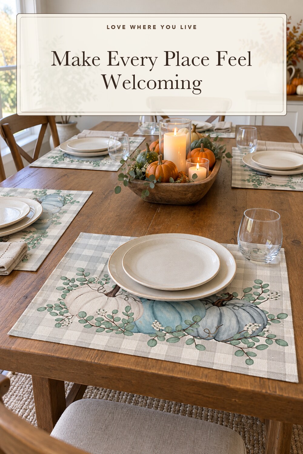 Artoid Mode Pumpkins Eucalyptus Leaves Fall Placemats Set of 4, 12x18 Inch Autumn Thanksgiving Harvest Vintage Table Mat for Party Dining Decoration; styling inspiration