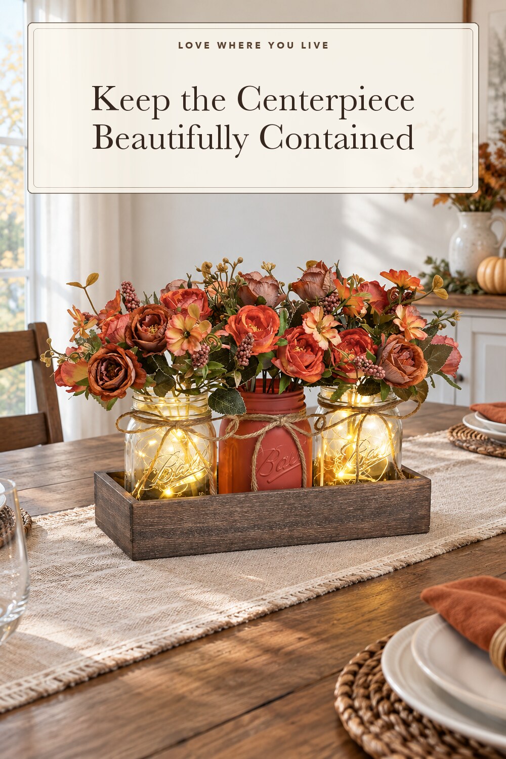 DUOER 3 Pcs Mason Jar Centerpiece Table Decorations for Dining Table Decor Farmhouse Coffee Table Decor with Wood Tray and Led Light Table Centerpieces for Dining room Kitchen Living Bathroom,Orange; styling inspiration