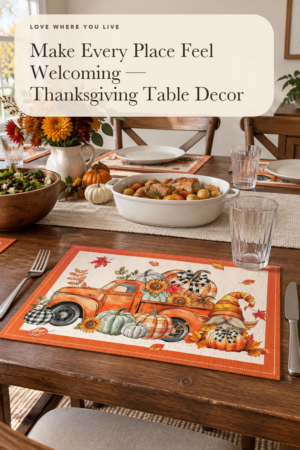 Fall Placemats Set of 4, 12x18 inch - Orange Truck Thanksgiving Table Decor; styling inspiration