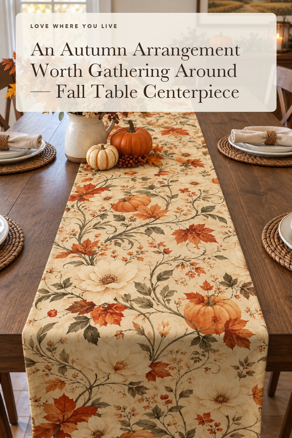 Thanksgiving Table Decor - Vintage Autumn Pumpkin Floral Table Runner; styling inspiration