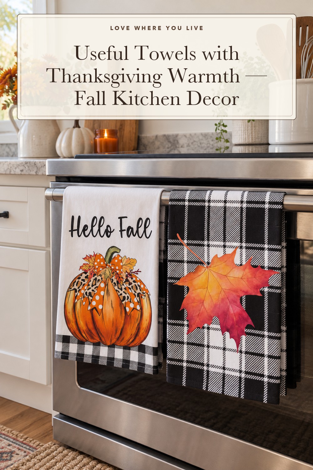 Hexagram Pumpkin Fall Kitchen Towels, Buffalo Check Fall Decor Hand Towels; styling inspiration