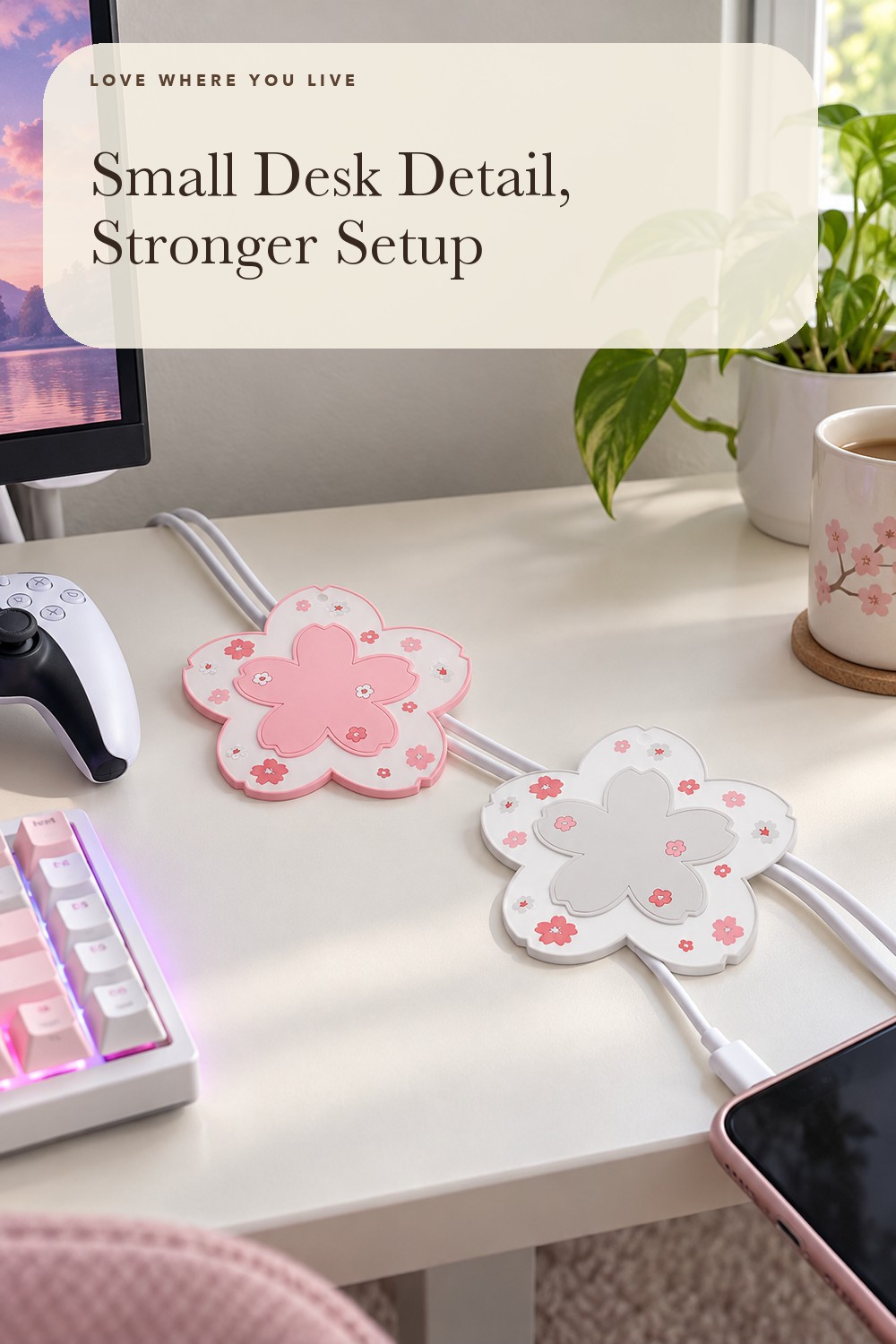 Sakura Coffee Cup Mat Kawaii Coaster 2PCS Cute Cherry Blossom PVC Home Tea Mug Pink Flower Pattern Anti-Skid Pot Bowl Pad Placemat for Desk Drink Table Decor Kawaii Accessories (Small); styling inspiration