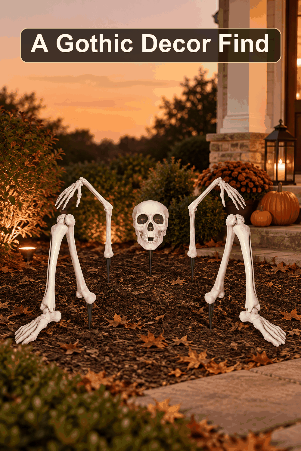Styled Halloween home scene featuring the Life Size Ground Breaking Skeleton, with the words A Gothic Decor Find in a dark banner above.