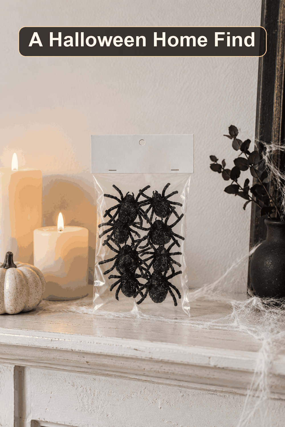 Styled Halloween home scene featuring the 8-Pack Black Mini Spiders, with the words A Halloween Home Find in a dark banner above.