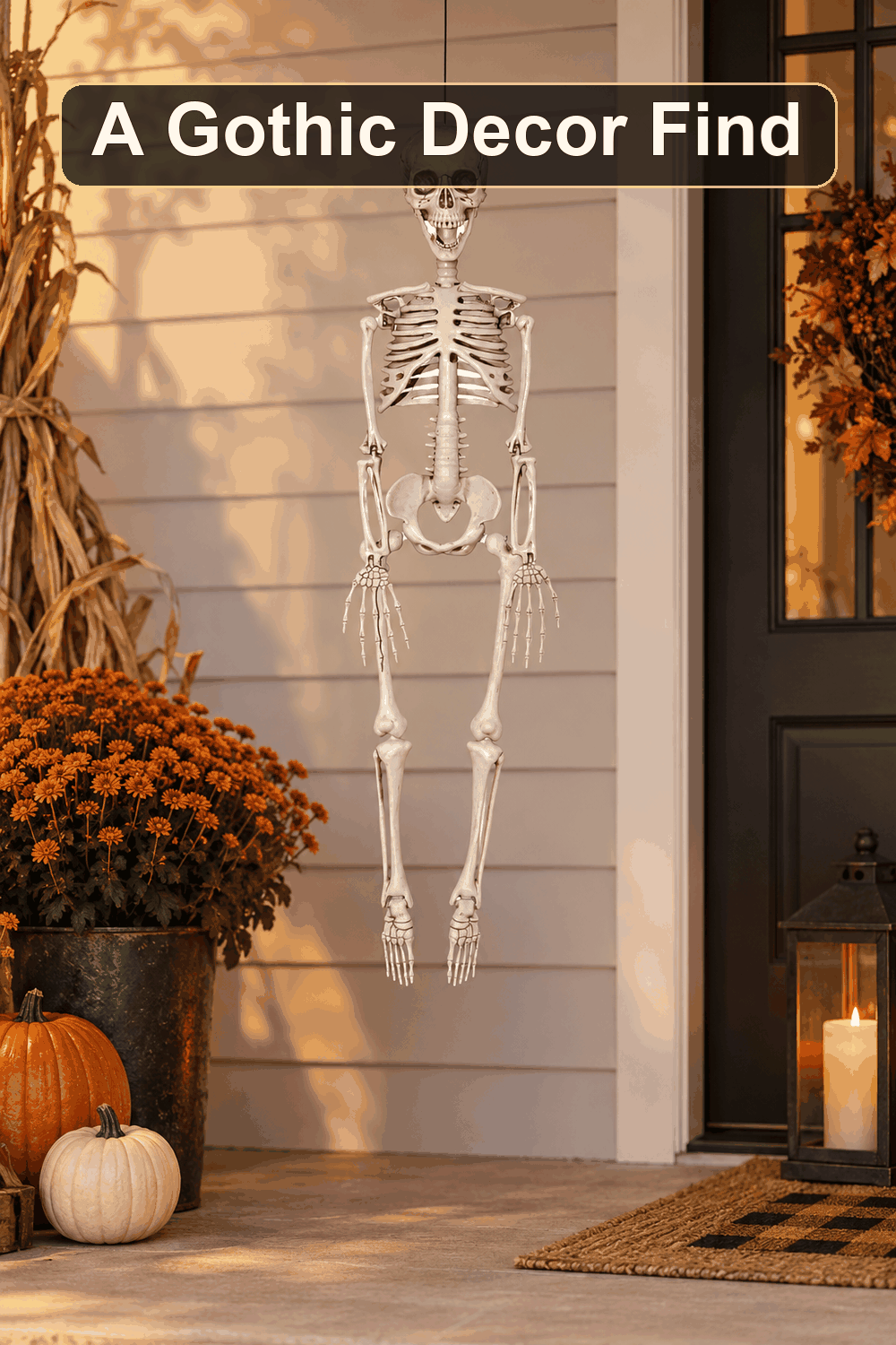 Styled Halloween home scene featuring the White Skeleton, 35", with the words A Gothic Decor Find in a dark banner above.