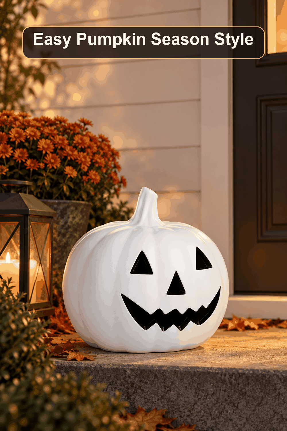 Styled Halloween home scene featuring the Halloween White Blow Mold Pumpkin, 16", with the words Easy Pumpkin Season Style in a dark banner above.