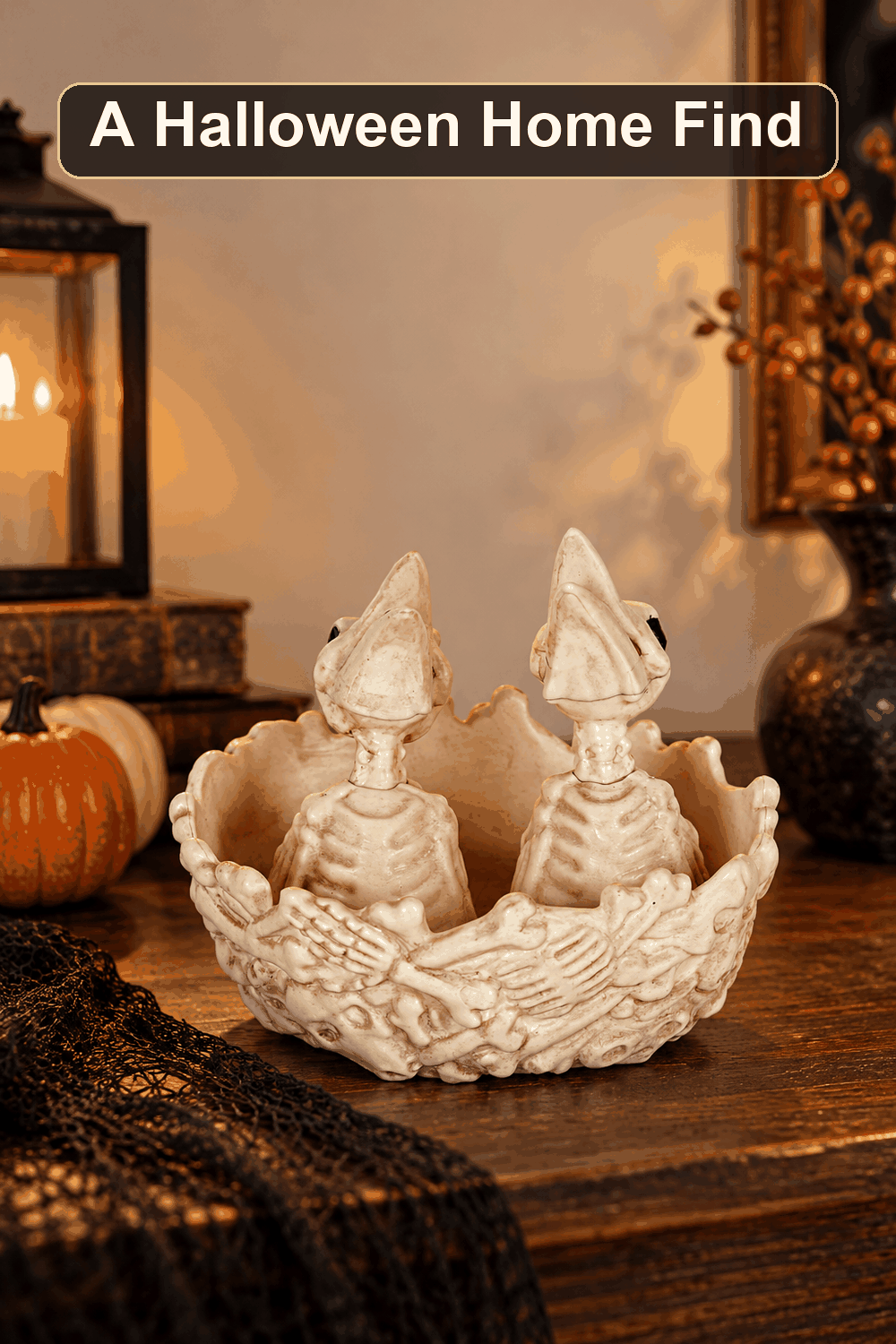 Styled Halloween home scene featuring the Crazy Bone Halloween Birds Nest, 6", with the words A Halloween Home Find in a dark banner above.
