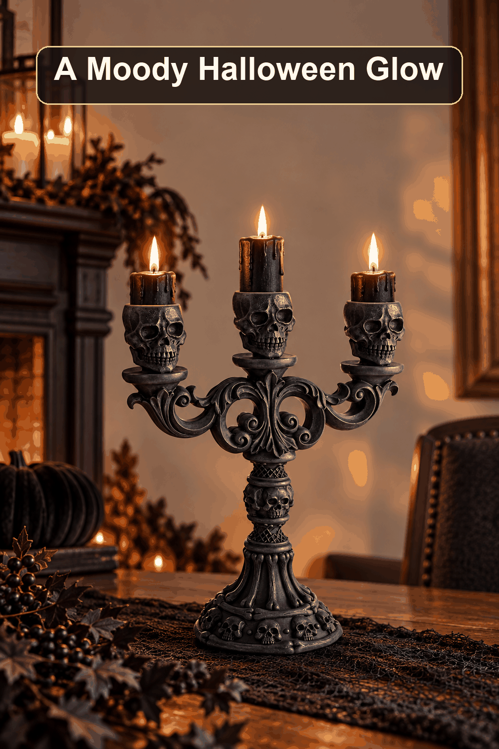 Styled Halloween home scene featuring the Midnight Shadows Black Skull Candelabra, 14", with the words A Moody Halloween Glow in a dark banner above.