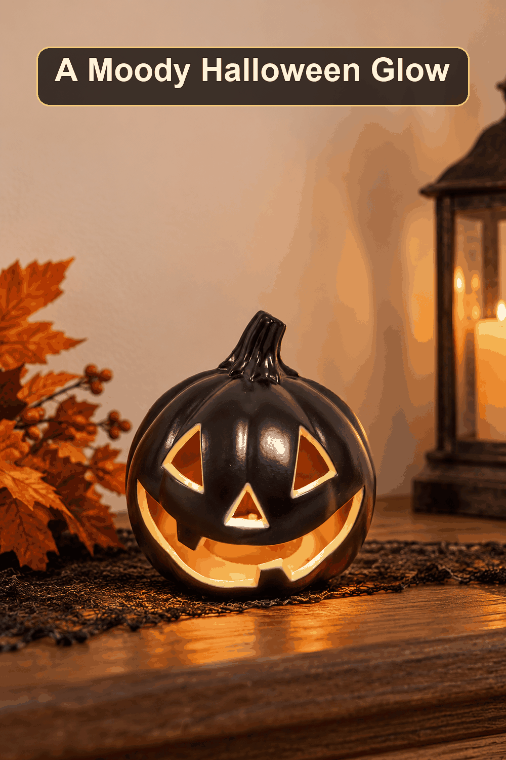 Styled Halloween home scene featuring the Black LED Jack-o'-Lantern, 5", with the words A Moody Halloween Glow in a dark banner above.