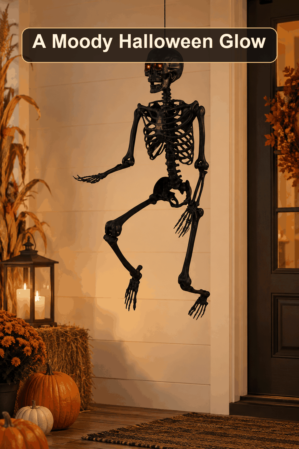 Styled Halloween home scene featuring the Black Posable Skeleton with LED Eyes, 5', with the words A Moody Halloween Glow in a dark banner above.