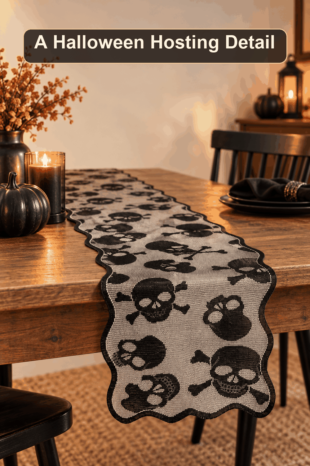 Styled Halloween home scene featuring the Skull Lace Table Runner, 72x13, with the words A Halloween Hosting Detail in a dark banner above.