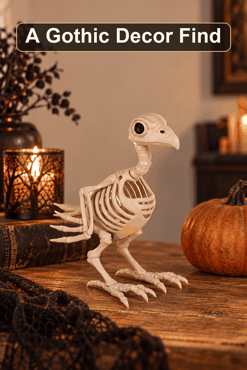 Styled Halloween home scene featuring the Halloween Crow Skeleton, 7.5", with the words A Gothic Decor Find in a dark banner above.