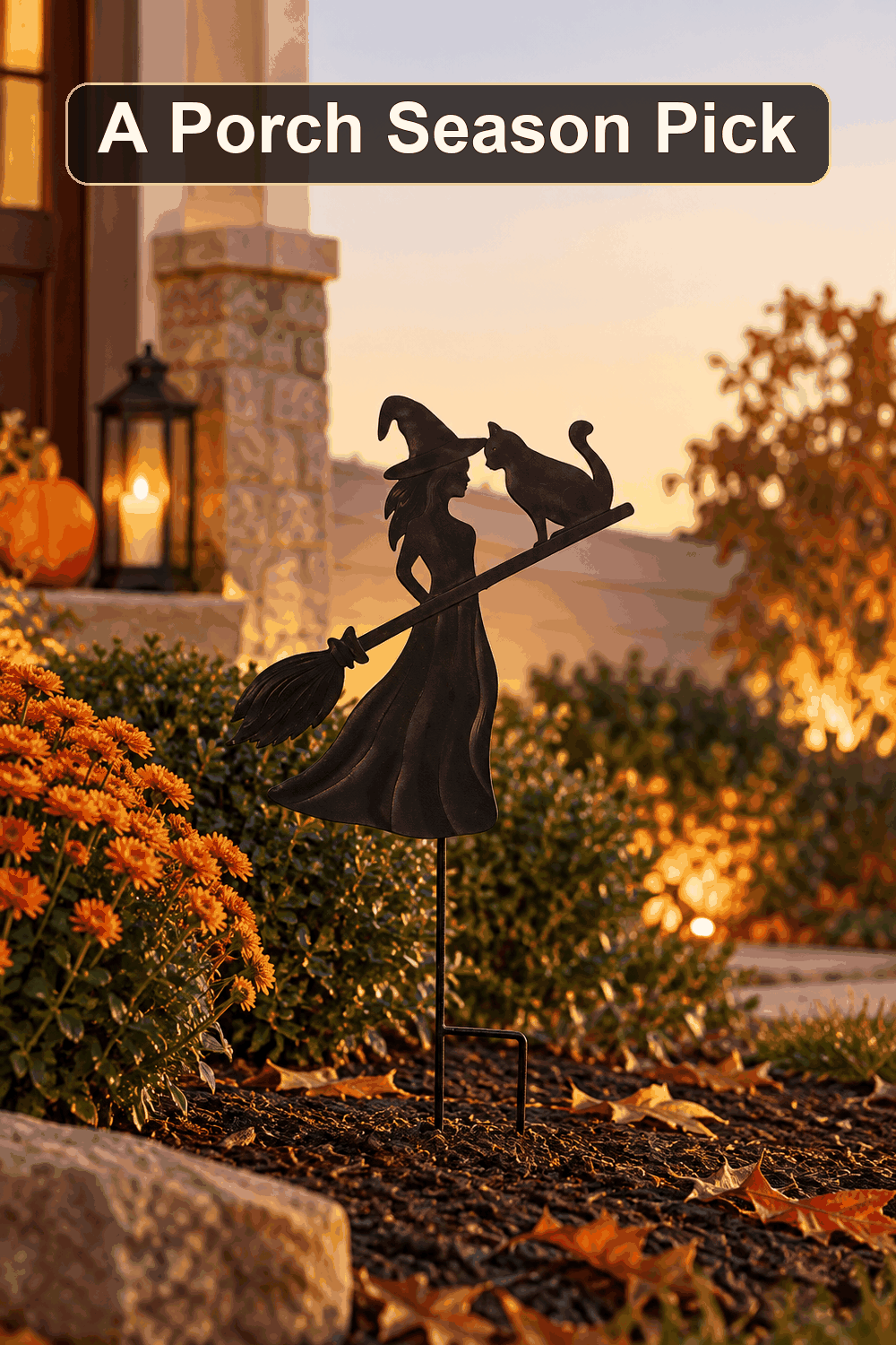Styled Halloween home scene featuring the Spellbound Witch & Cat Yardstake, 24", with the words A Porch Season Pick in a dark banner above.