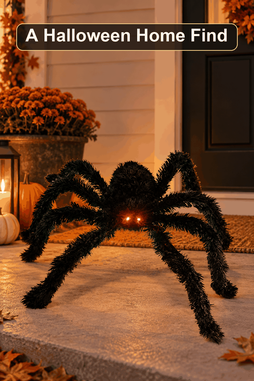 Styled Halloween home scene featuring the Black Light-Up Halloween Spider, 27.6", with the words A Halloween Home Find in a dark banner above.