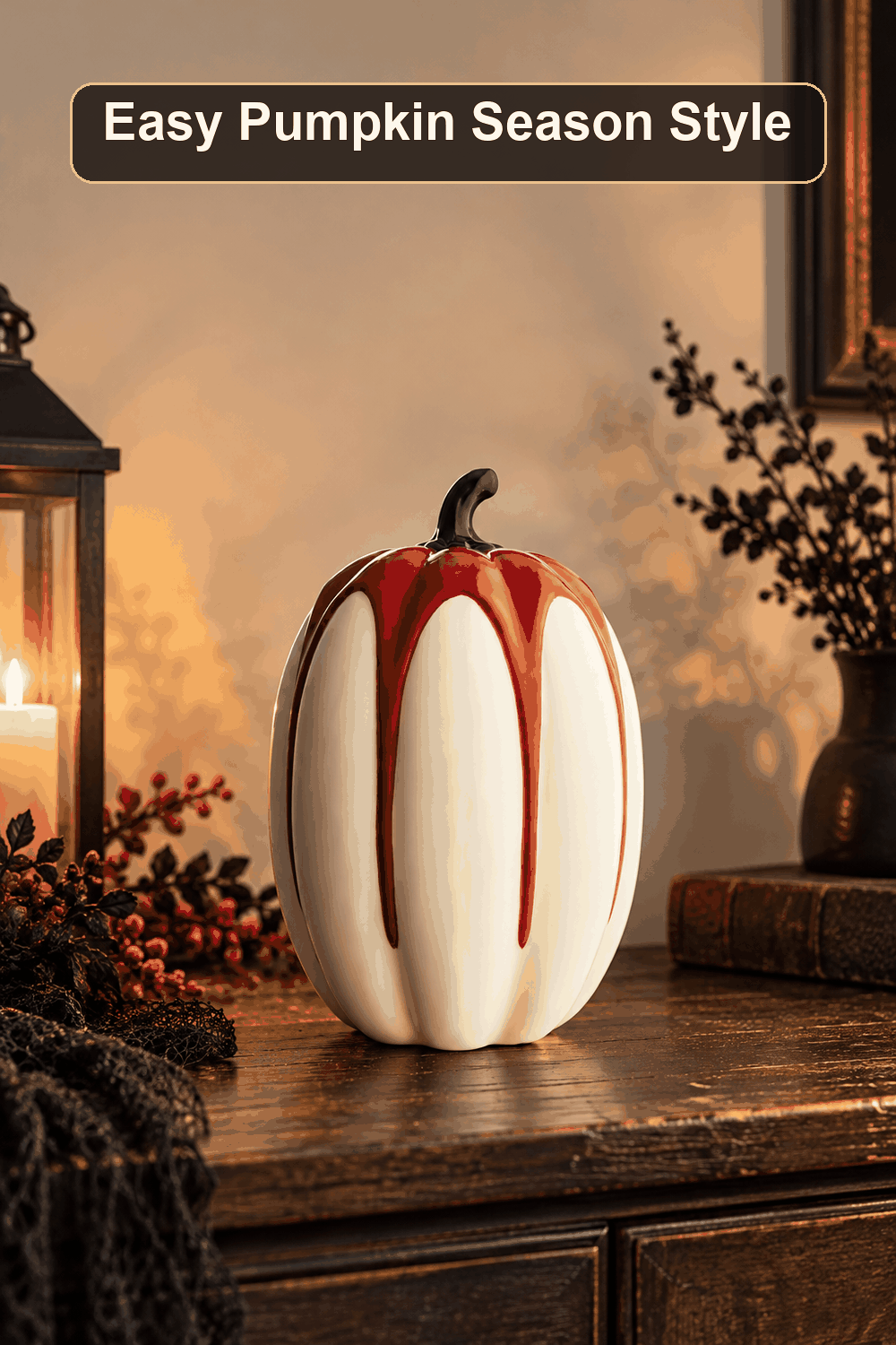 Styled Halloween home scene featuring the Midnight Shadows Pumpkin, 8", with the words Easy Pumpkin Season Style in a dark banner above.
