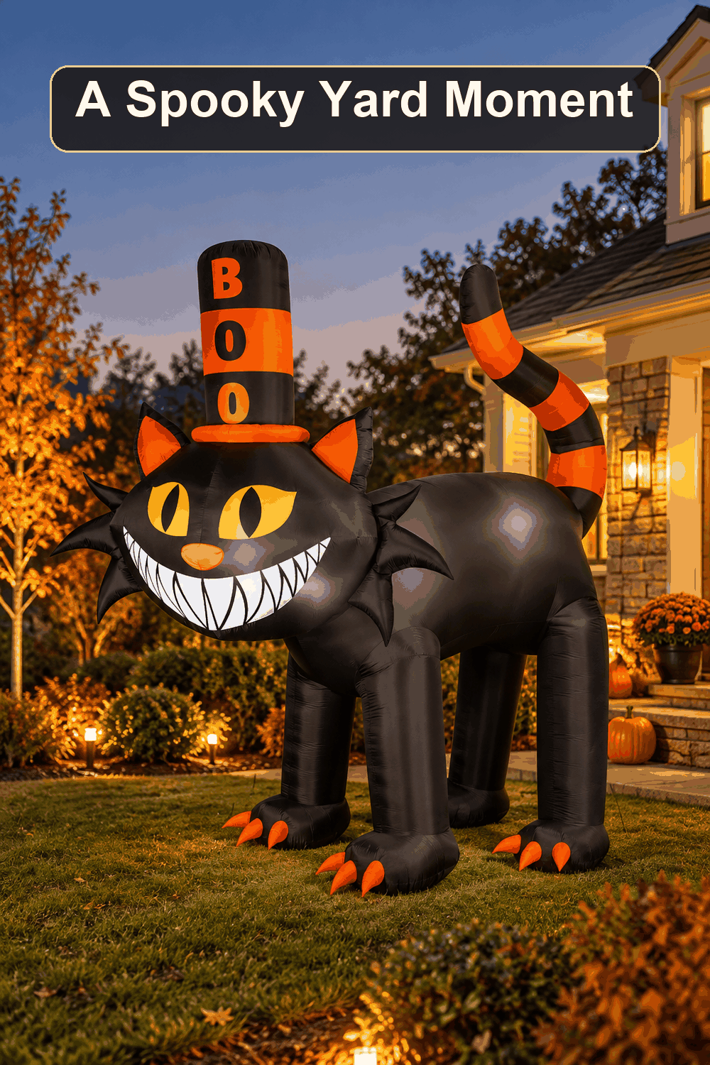 Styled Halloween home scene featuring the Giant Cat Inflatable, 12', with the words A Spooky Yard Moment in a dark banner above.