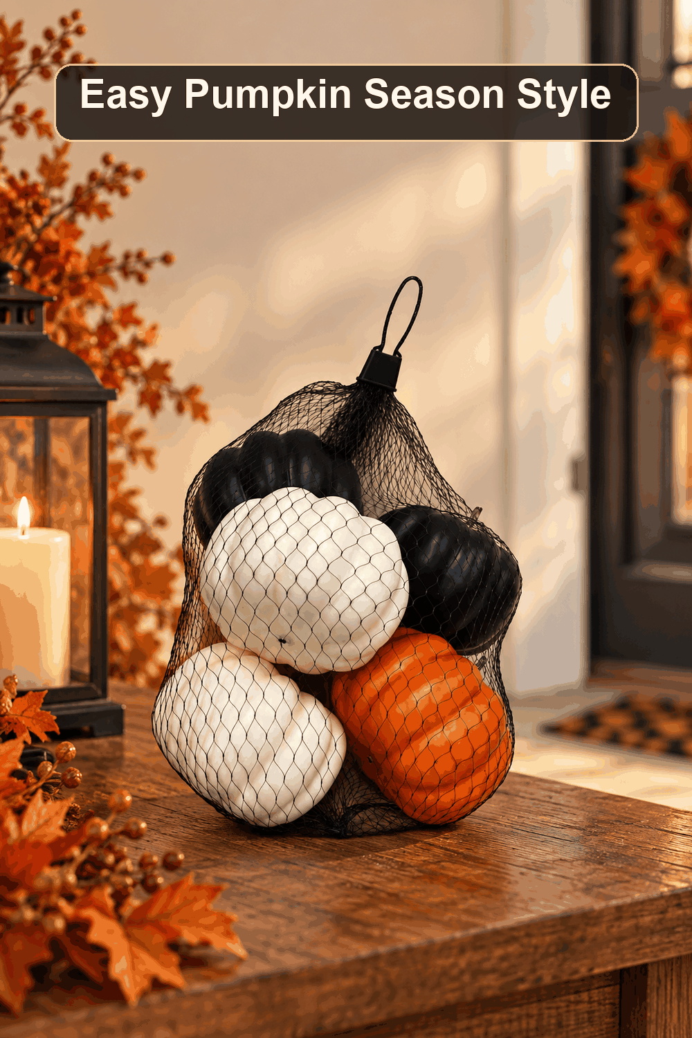 Styled Halloween home scene featuring the 6-Count Pumpkins Decorative Filler, with the words Easy Pumpkin Season Style in a dark banner above.