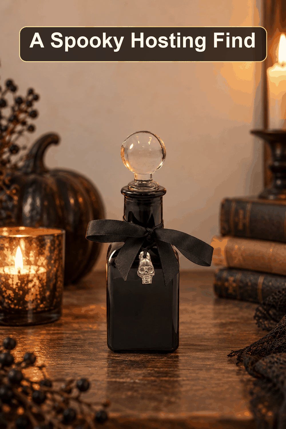 Styled Halloween home scene featuring the Black Glass Potion Bottle, 4.5", with the words A Spooky Hosting Find in a dark banner above.