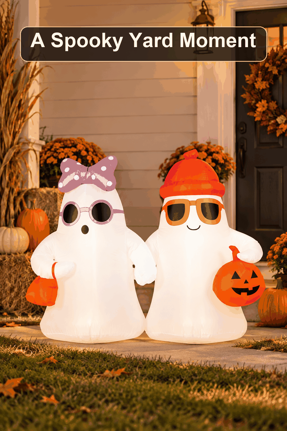 Styled Halloween home scene featuring the Ghost Couple Inflatable, 5', with the words A Spooky Yard Moment in a dark banner above.