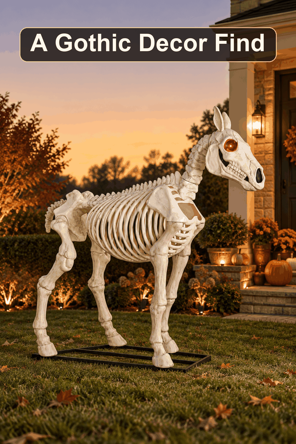 Styled Halloween home scene featuring the Skeleton Horse, 6', with the words A Gothic Decor Find in a dark banner above.