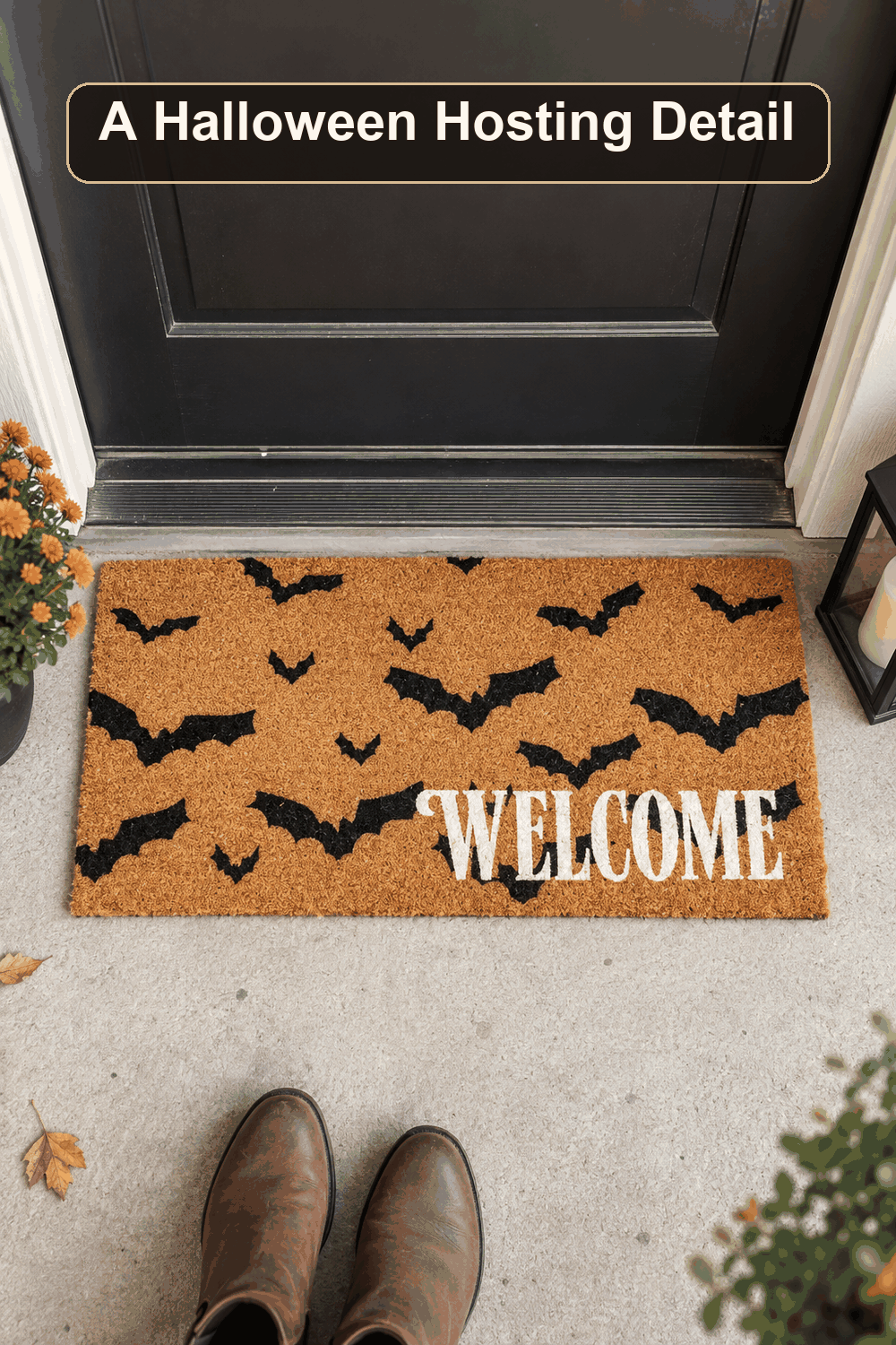 Styled Halloween home scene featuring the Flocked Welcome with Bats Coir Mat, 22x47, with the words A Halloween Hosting Detail in a dark banner above.