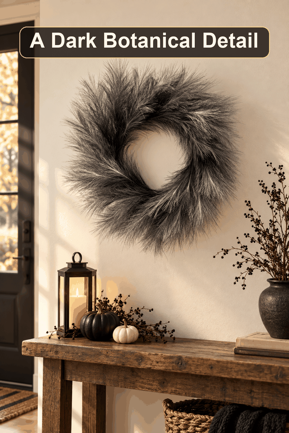 Styled Halloween home scene featuring the Grey Pampas Wreath, 22", with the words A Dark Botanical Detail in a dark banner above.
