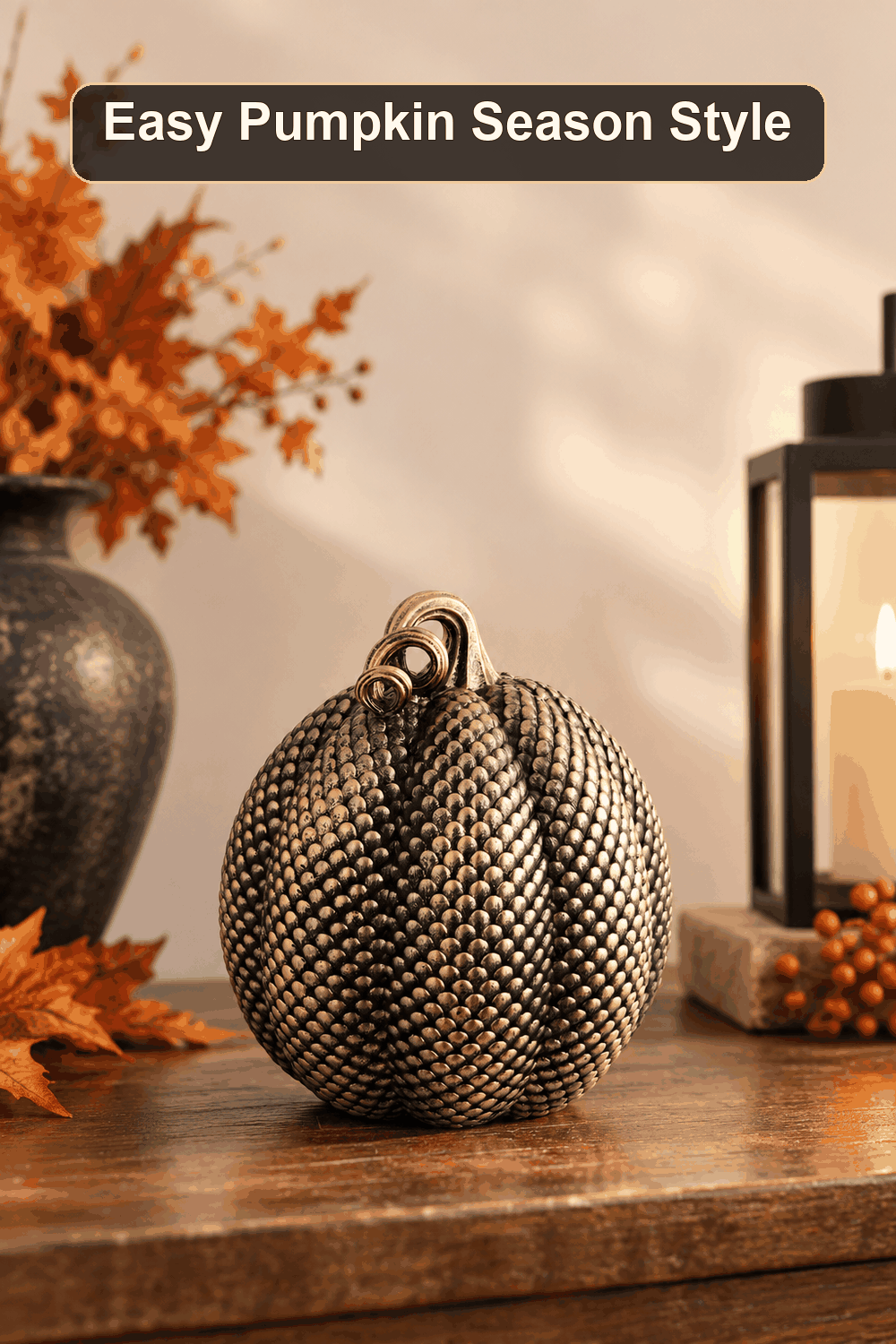 Styled Halloween home scene featuring the Metallic Pumpkin, 8", with the words Easy Pumpkin Season Style in a dark banner above.