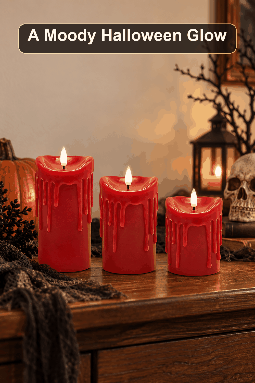 Styled Halloween home scene featuring the 3-Count LED Red Pillar Candles, with the words A Moody Halloween Glow in a dark banner above.