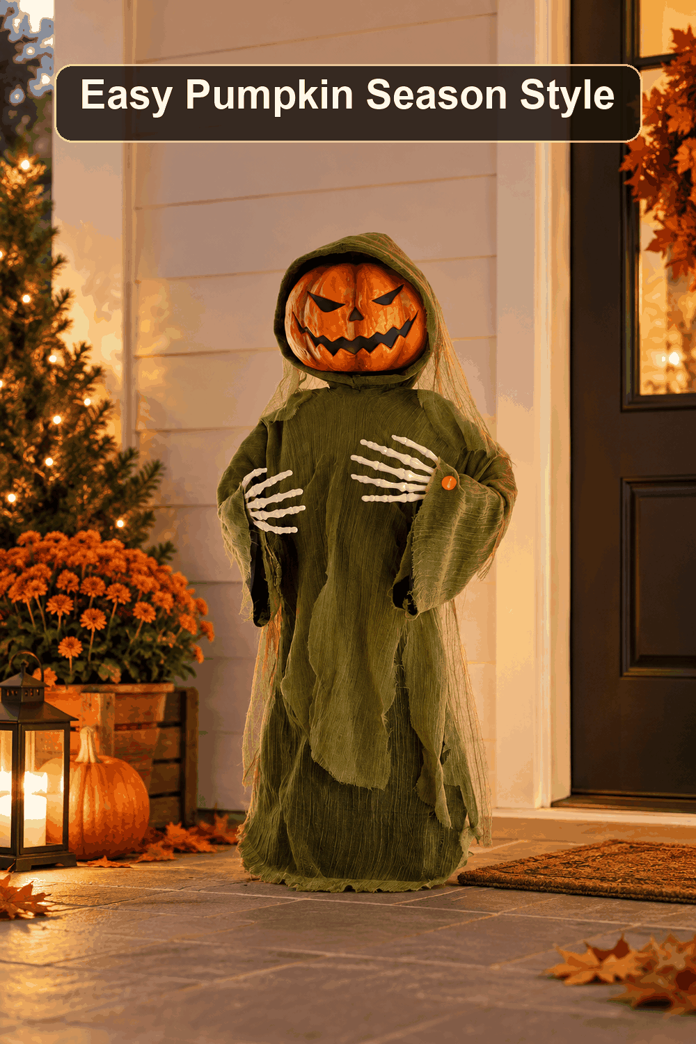Styled Halloween home scene featuring the Animated Happy Pumpkin Man, 3', with the words Easy Pumpkin Season Style in a dark banner above.