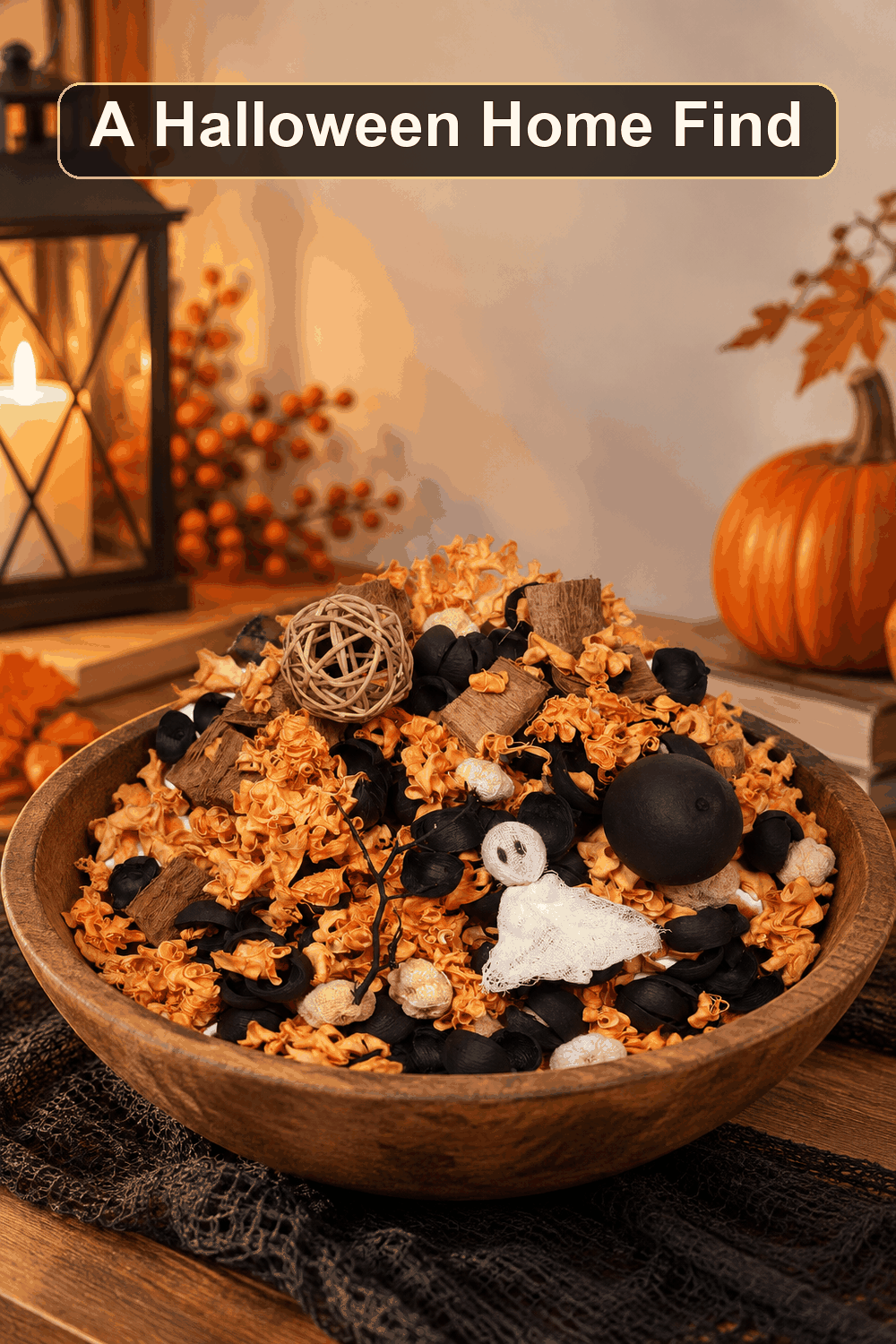 Styled Halloween home scene featuring the Black & Orange Potpourri, with the words A Halloween Home Find in a dark banner above.